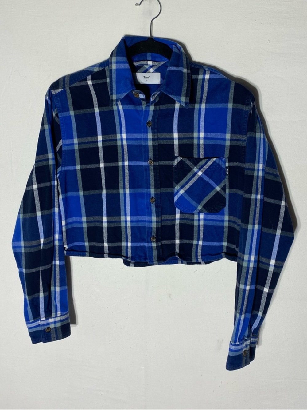 Aritzia TNA Blue Black Plaid Cropped Button Up Cotton Flannel Shirt XS